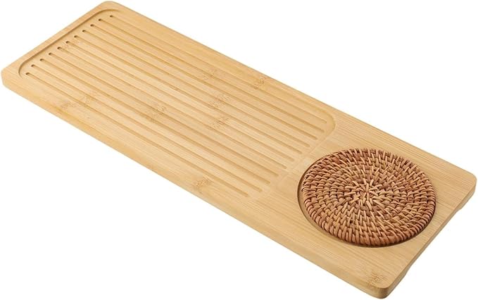 Tea Tray for Gongfu Tea, Wooden Serving Tray with Drainage Grid and Water Storage, Detachable Design, 34 * 12/40 * 15 cm