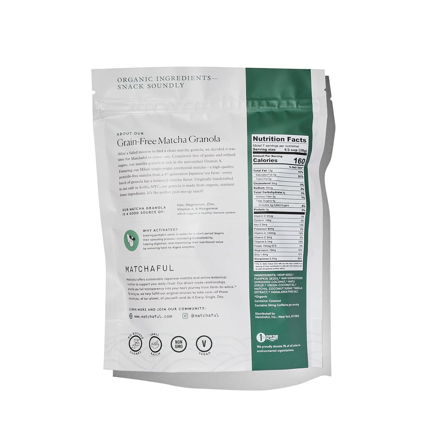 Matchaful - Original Matcha Granola - Activated - Vegan - 8oz Bag | Grain Free, Organic Ingredients - No Refined Sugar, No GMO - Gluten Free Granola Mixed w/our Hikari Single Origin Matcha