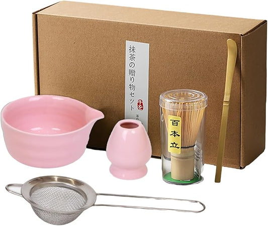 Matcha Whisk Set, Matcha Set with Matcha Bowl with Spout, Bamboo Whisk and Holder, Bamboo Scoop and Stainless Sifter