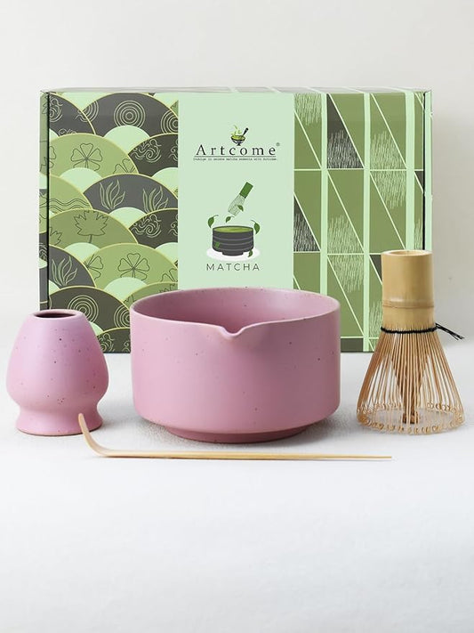 Artcome Matte Pink Matcha Bowl Set with Spout – Handmade Ceramic Chawan, Bamboo Whisk, Whisk Holder, Tea Scoop, and Matcha Manual