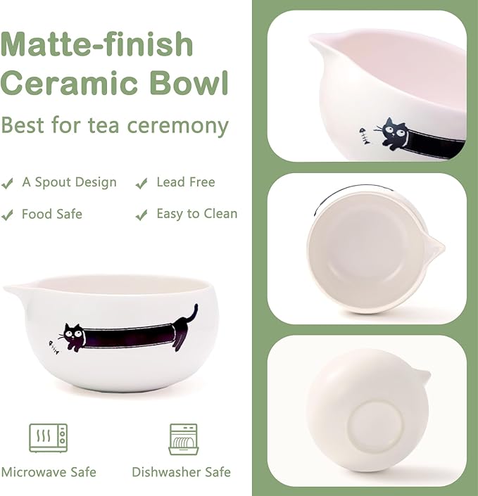 Matcha Whisk Set Cat Themed, Cute Japanese Matcha Set Preparation Gift Kit Including Ceramic Bowl and Whisk Holder, Bamboo Scoop, Birthday Gift for Women Girls Wife, White
