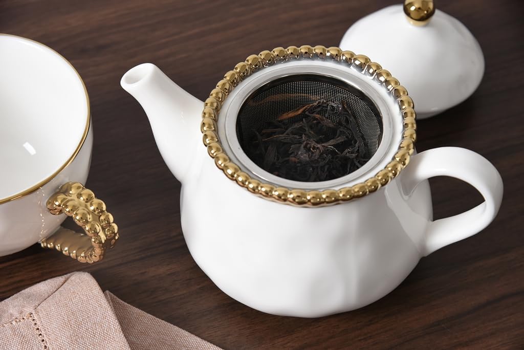 Pampa Bay Salerno Tea Pot with Cover, 16 oz, 6.75 x 4.75 x 5.75 Inches, White with Silver Beading
