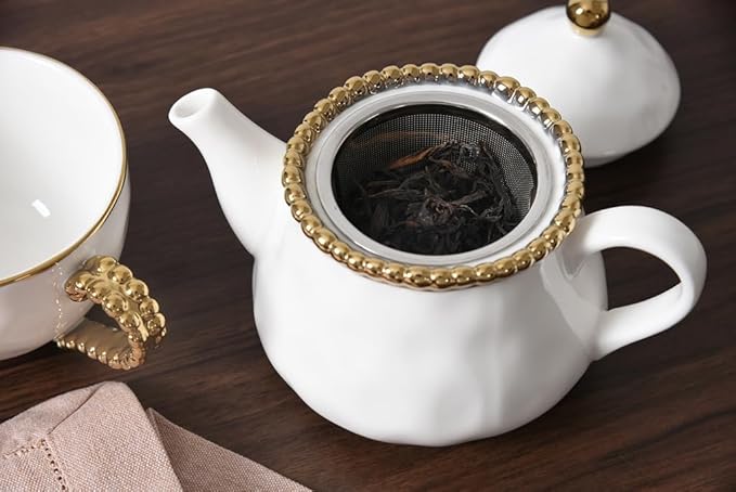 Pampa Bay Salerno Tea Pot with Cover (White with Silver Beading)