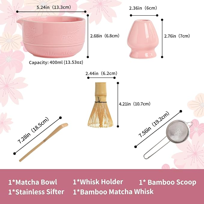 Matcha Tea Set, 5-Piece Ceramic Matcha Bowl & Whisk Kit with Cute Cat Pattern, Traditional Japanese Chawan, Scoop & Sifter, Perfect for Tea Ceremony