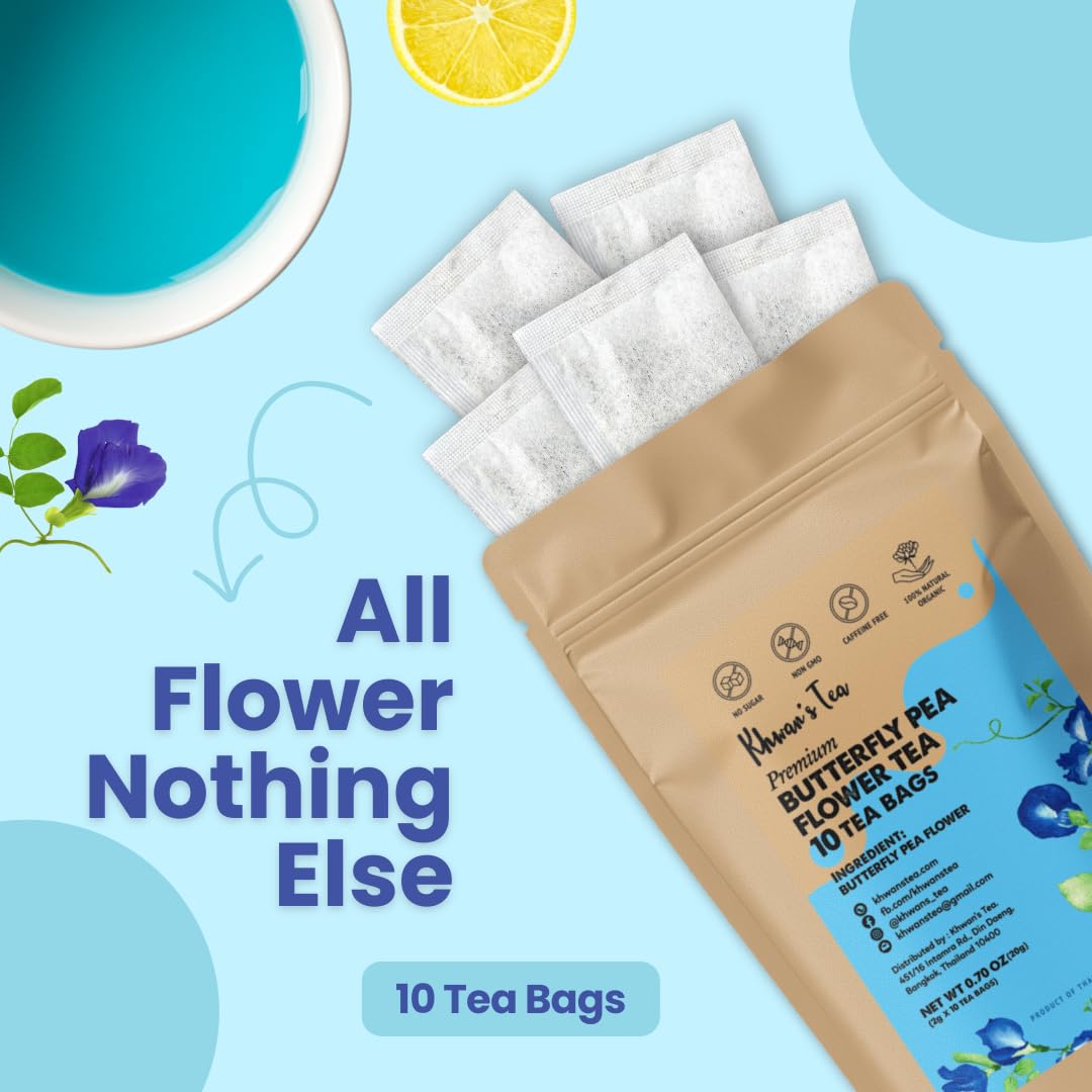 KHWAN'S TEA Organic Butterfly Pea Flower Tea Bags, USDA Organic, 10 Count | Organic butterfly pea flower tea bags, color-changing blue herbal tea, whole-flower, caffeine-free, vegan, Thai-grown, 10 ct