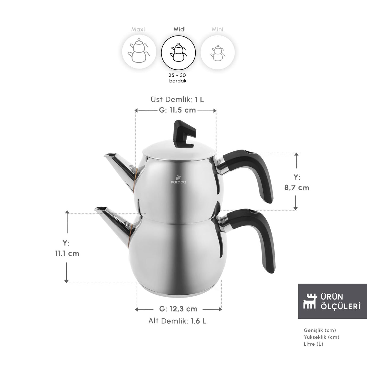 Karaca Belinay Teapot Set Silver Black, Medium Teapot, 18/10 Stainless Steel, Teapot/Lid (1 lt, 2.20 lb), Tea Kettle (1.6 lt
