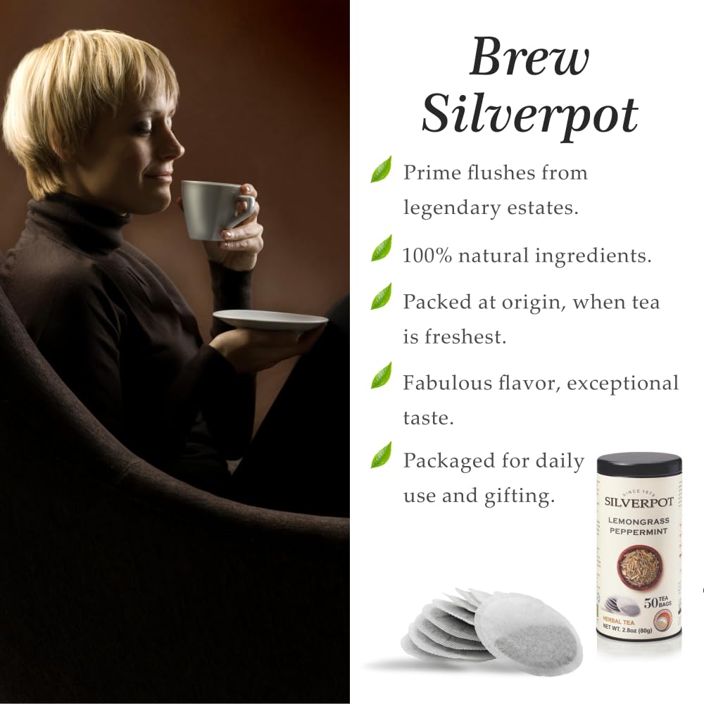 Silverpot Lemongrass &amp; Peppermint Tea, 50 Count, Lemongrass Herbal Tea, Cooling &amp; Refreshing, Mint Leaves, Peppermint Tea, Hot or Iced, Caffeine Free, 100% Natural