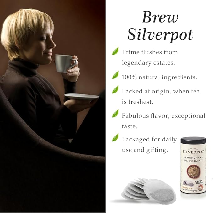 Silverpot Lemongrass & Peppermint - 50 Round Tea Bags, Cooling Citrus Mint Flavor, 100% Natural, Caffeine Free, Reusable Tin