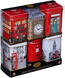 New English Teas Best of British Tea Collection - 6 Iconic London Tins Gift Set (Bus, Big Ben, Phone Box, Post Box) - 4.7oz Loose Leaf English Tea