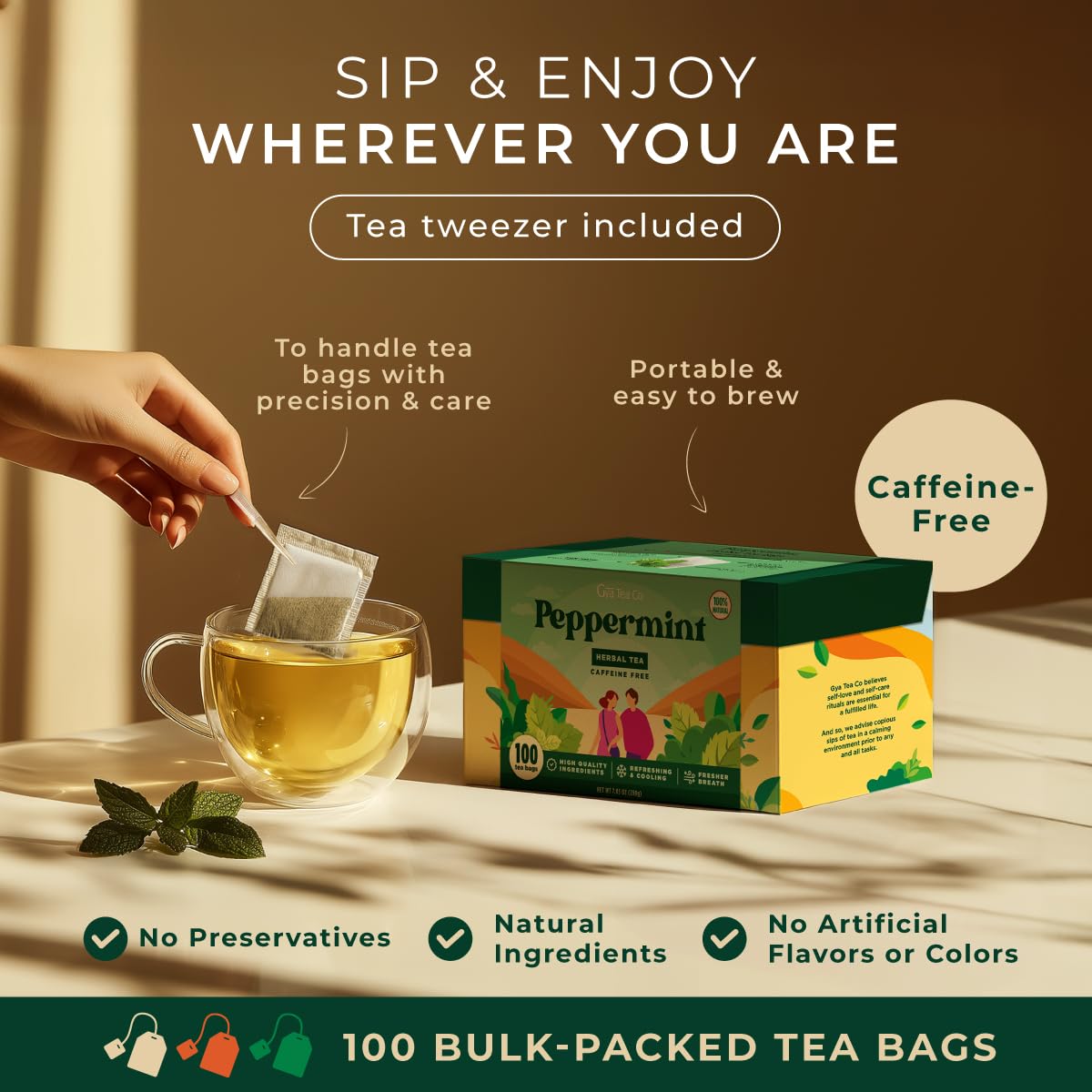 Peppermint Tea Bags 100 Count - 100% Natural Caffeine Free Herbal Tea | Pure Peppermint Leaf, Bold Mint Flavor, Freshen Breath &amp; Soothes Digestion, Hot or Iced