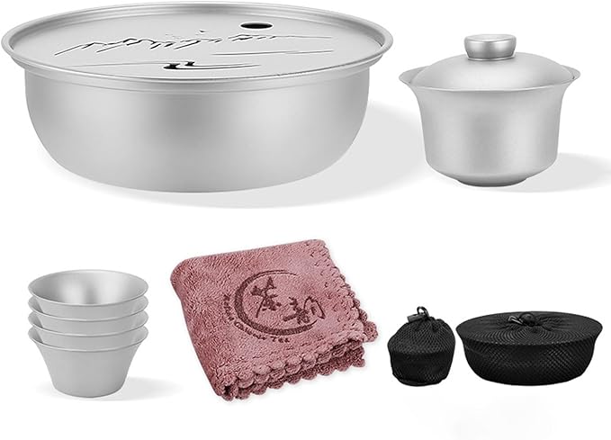 Portable Titanium Tea Set Lightweight 130ml Gaiwan & 4 Mini Teacups Storage Water Tea Tray Outdoor Picnic Hiking Chinese Gongfu Tea Kit Storage Bag