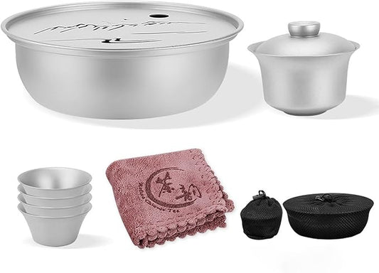 Portable Titanium Tea Set Lightweight 130ml Gaiwan & 4 Mini Teacups Storage Water Tea Tray Outdoor Picnic Hiking Chinese Gongfu Tea Kit Storage Bag RT046T / RT047T (Mountain River Sunrise)