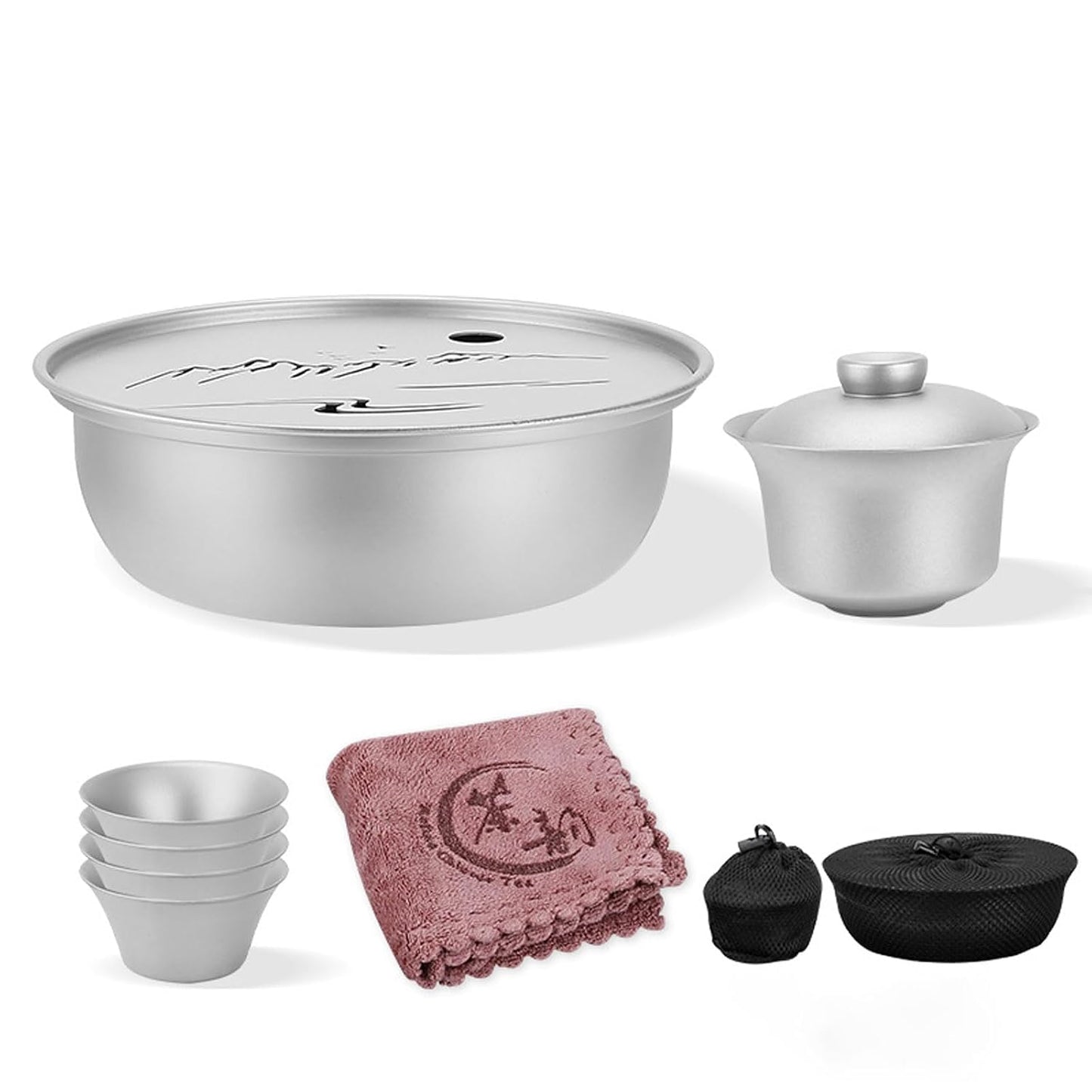 Portable Titanium Tea Set Lightweight 130ml Gaiwan & 4 Mini Teacups Storage Water Tea Tray Outdoor Picnic Hiking Chinese Gongfu Tea Kit Storage Bag