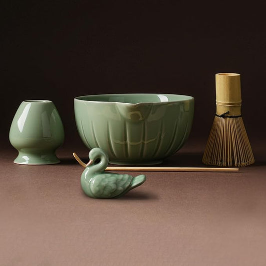 Matcha Whisk Set - 5PCS Japanese Tea Set Includes Matcha Bowl with Spout, Bamboo Whisk with Ceramic Holder, Bamboo Scoop and Sifter, Matcha Kit for Ceremony, Gift for Family/Friend (Green/5PC)