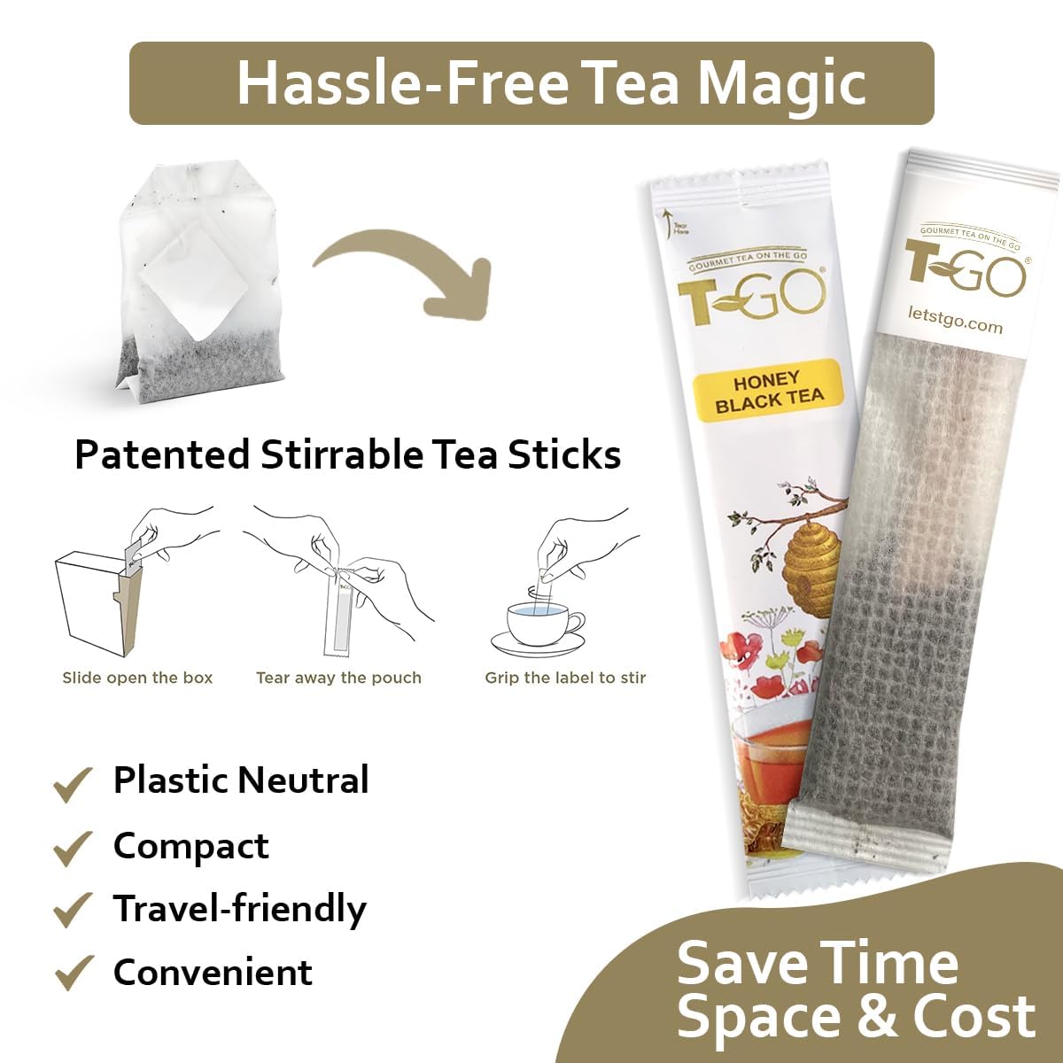 T-GO Sweet Honey Black Tea Bags Convenient Sticks Stirring Spoon Real Honey Tea Packets for Immunity 15 Tea Sticks