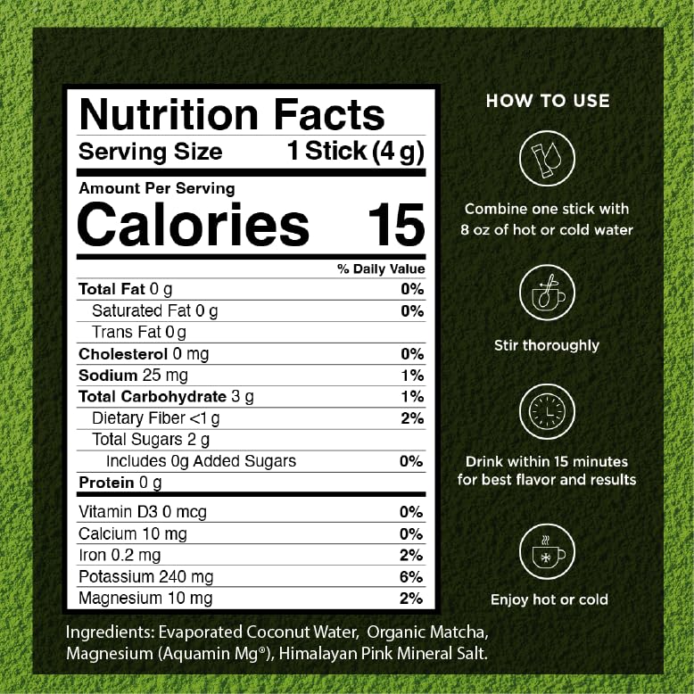 VitaCup Hydration Matcha Instant Packets w/Electrolytes, 10ct | for Natural Energy and Detox, w/Electrolytes, Ceremonial Grade Organic Matcha, Coconut Water, Pink Himalayan Salt, Magnesium