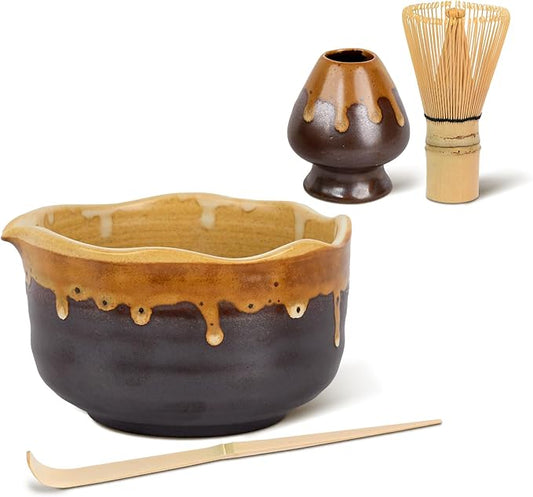 Pottery Matcha Set - Japanese Handcrafted Matcha Tea Bowl Mineral Glaze Bowl with Spout, Bamboo Whisk, Scoop & Chasen Holder