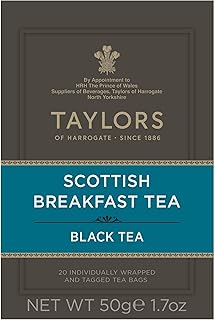 Taylors of Harrogate Scottish Breakfast Black Tea Individually Wrapped Bags, 20 Count (Pack of 1), Strong, Malty and Full, Caffeinated, Enjoy Hot or Iced, 20 Teabags