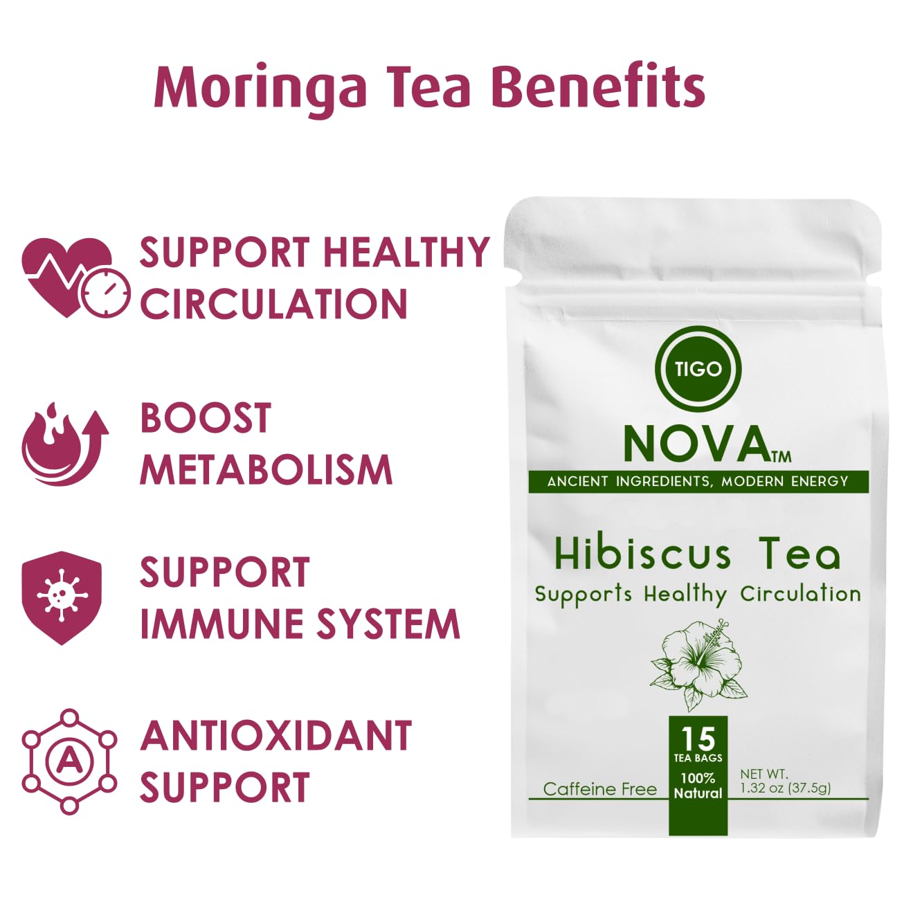 FRESH Premium Hibiscus Tea Bags, 100% Natural & Plant-Based (Vegan) Ingredients, Caffeine free | Authentic African Origin | Eco-conscious Teabags | 15 count