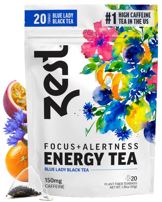 Zest Energy Tea Bags – Blue Lady Passion Fruit Black Tea – High Caffeine Tea for Morning Energy, Focus &amp; Clarity – Natural Caffeinated Tea with 150mg Caffeine – 20Ct Pack – Non-GMO &amp; Keto Friendly