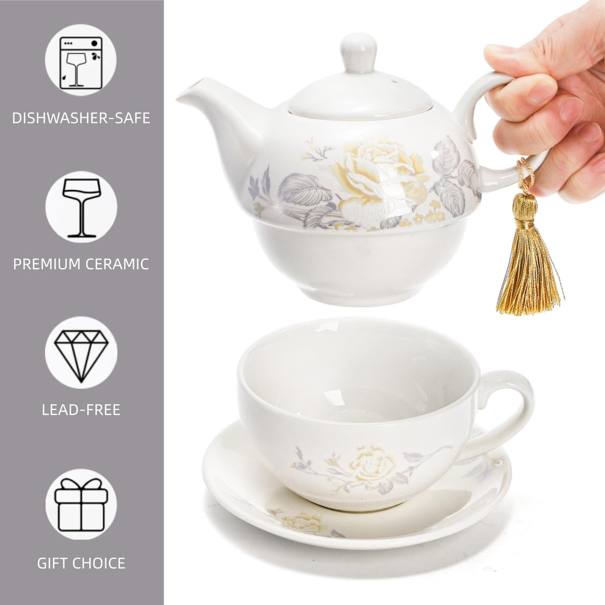 Nagpew Tea for One Set, Porcelain Floral Teapot Cup Saucer Set