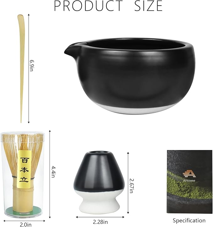 Artcome 4 Pcs Complete Matcha Ceremony Kit - Bowl With Pouring Spout, Whisk, Holder, Scoop - Japanese Tea Set for Making Usucha