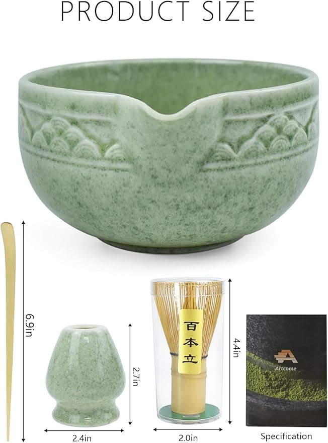 Artcome Matcha Tea Set with Pouring Spout - Green Ceramic Matcha Bowl, Bamboo Whisk, Whisk Holder