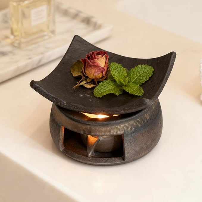Ceramic Tea Stove Warmer Set, Cedar and Zen Aromatherapy Burner,Handmade Ceramic Candle Wax Melts Warmer with Tealight Holder,Multi-Functional Teapot and Heater,for Home Office Hotel Meditation (A)
