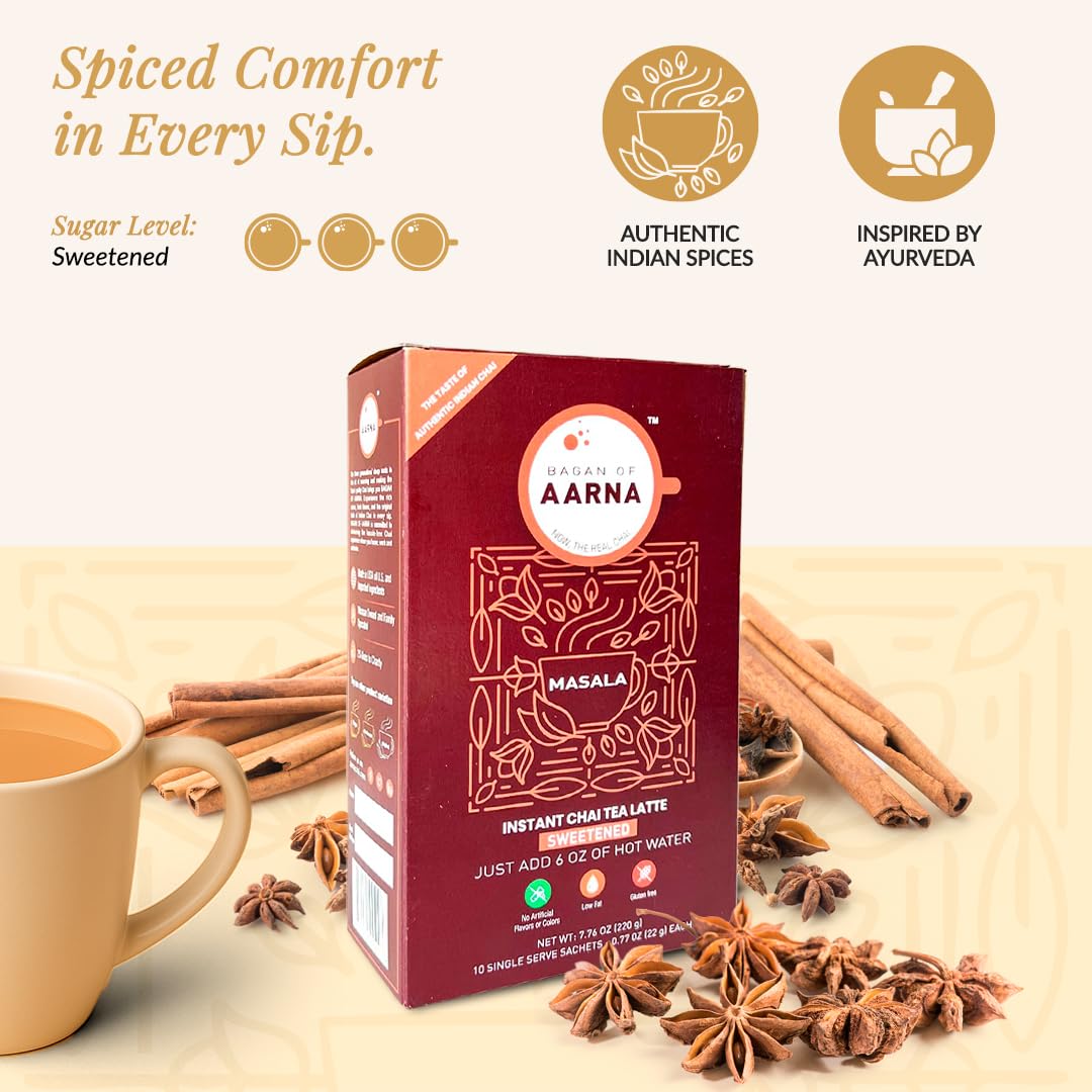 Bagan of Aarna Instant Masala Chai, Tea Powder Mix, Spiced Tea, All Natural Chai Tea, Authentic Chai Mix, Masala Spiced Chai Powder With Natural Flavour, Makes 10 Cups (Masala Sweetened)