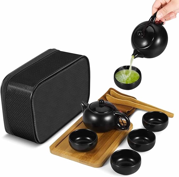Flexzion Chinese Japanese Vintage Kungfu Gongfu Tea Set Portable Travel Teapot, (Matte Black) Porcelain Ceramic Tea Pot, 4 Tea Cup, Bamboo Tea Tray