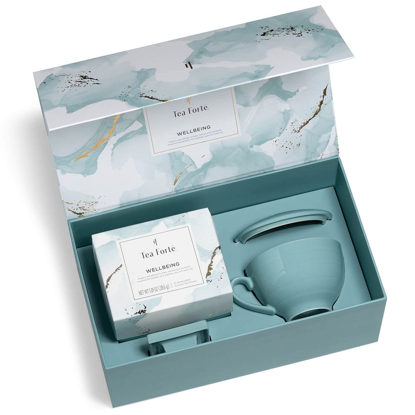 Tea Forte Café Cup Tea Gift Set, Wellbeing, 10 Pyramid Infusers | 8 oz Porcelain Tea Cup, Lid &amp; Tea Tray - 2 of Each Blend - Individually Wrapped - Giftable Presentation Box