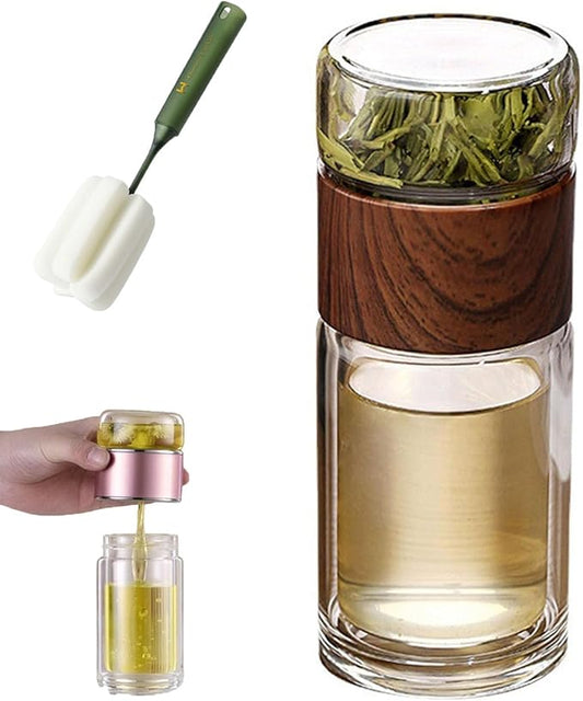 Glass Infuser, 3-in-1 smart Tea Infuser Double Wall Glass Teacup with infuser for Loose Tea, Portable Teas Steeper (Wood, 12oz)