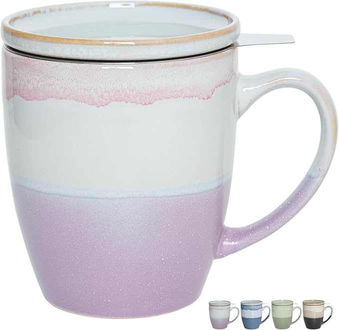Bosmarlin Ceramic Tea Cup with Infuser and Lid, 16 Oz, 4 Colors to Choose, Dishwasher and Microwave 