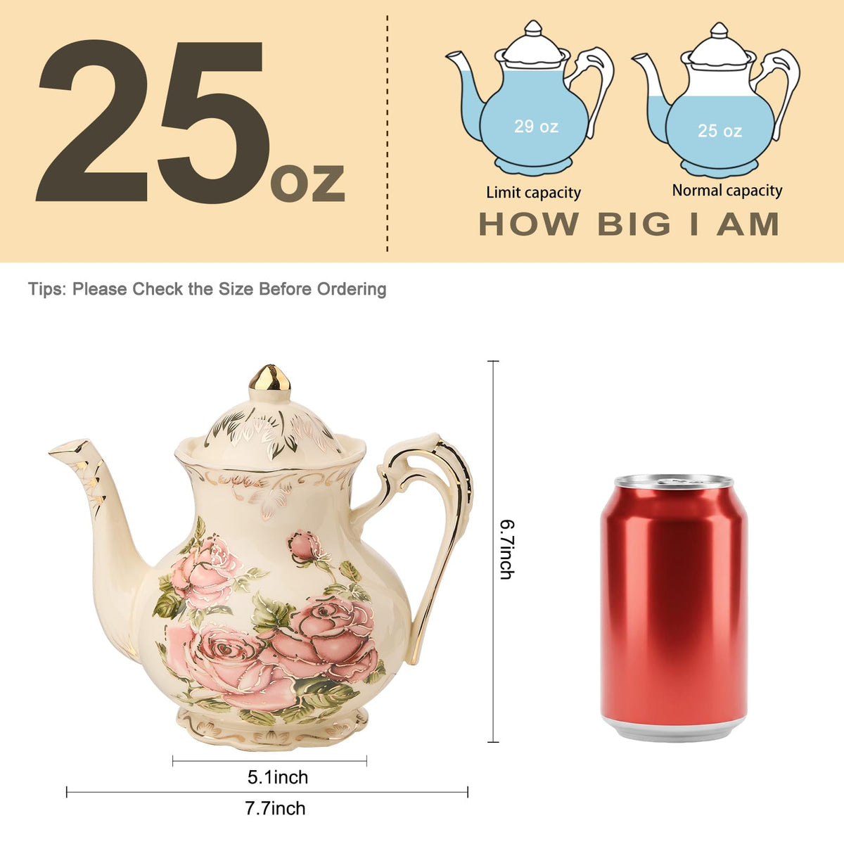 YOLIFE Small Pink Rose Teapot, 25 OZ / 2 Cup Vintage Porcelain Tea Pot