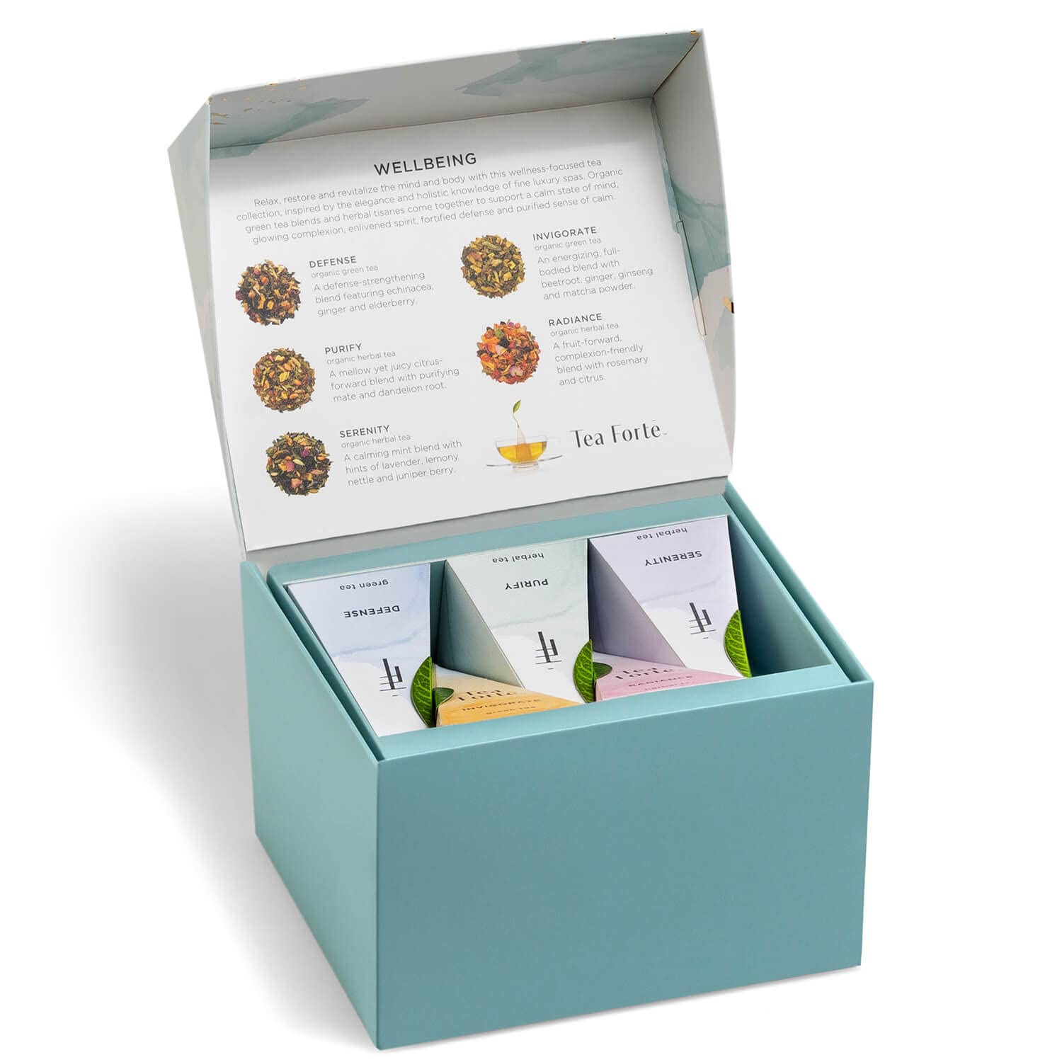 Tea Forte Wellbeing 3-Piece Premium Tea Gift Set with Light Blue Cafe Cup with Lid, Tea Tray and 10 Assorted 2 of Each Variety Organic Handcrafted Pyramid Infuser Tea Bags