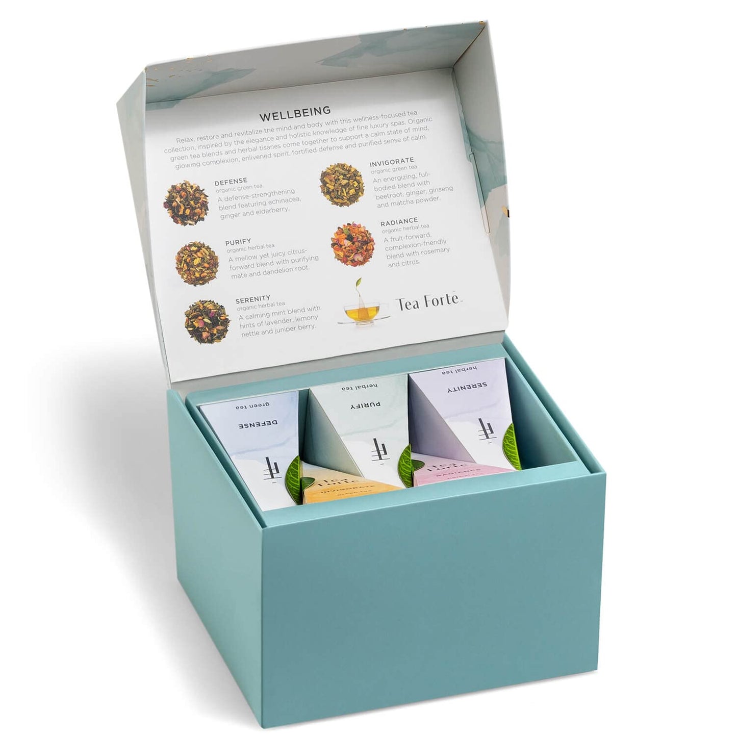 Tea Forte Café Cup Tea Gift Set, Wellbeing, 10 Pyramid Infusers | 8 oz Porcelain Tea Cup, Lid &amp; Tea Tray - 2 of Each Blend - Individually Wrapped - Giftable Presentation Box