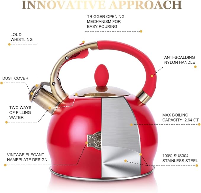 SUSTEAS Stove Top Whistling Tea Kettle - Food Grade Stainless Steel Teakettle Teapot with Cool Touch Ergonomic Handle, With 1 Silicone Pinch Mitt Included, 2.64 Quart(RED)
