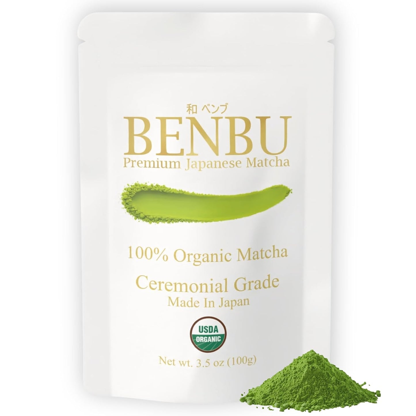 BENBU Matcha Powder - USDA Organic Ceremonial Grade, First Harvest, Stone-Milled in Japan, Authentic Japanese Green Tea, No Additives, 3.5 oz (100g) Pouch