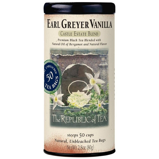 The Republic of Tea Earl Greyer Vanilla Black Tea, 50 Count | Naturally Caffeinated. Made for morning or afternoon. Brisk and full-bodied with notes of lively citrus and bright bergamot.