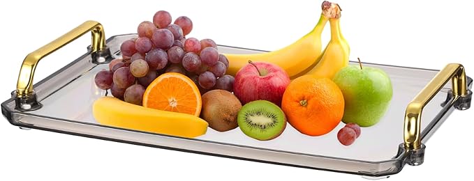 uxcell Plastic Serving Tray with Golden Handle, 12 x 8.6 Modern Rectangular Decorative Tray Acrylic Reusable Tea Platter for Countertop Bathroom Kitchen Home Restaurant, Grey