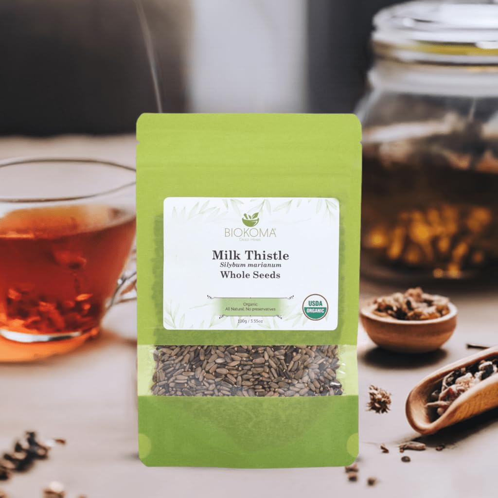 Biokoma Organic Milk Thistle Seeds 3.55 oz, Silybum Marianum for Milk Thistle Tea, USDA Organic Herbal Tea, Loose Whole Seeds in Resealable Moisture Proof Pouch, Non GMO, No Additives, Kosher