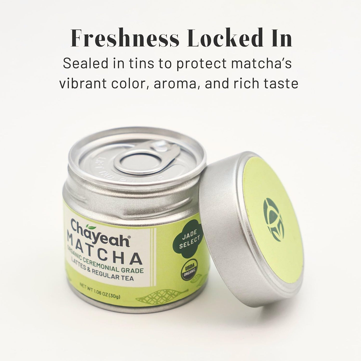 CHAYEAH, Jade Select Matcha – Organic Ceremonial Grade Matcha Green Tea Powder for Lattes & Everyday Matcha, First Harvest (1.06 oz Tin)