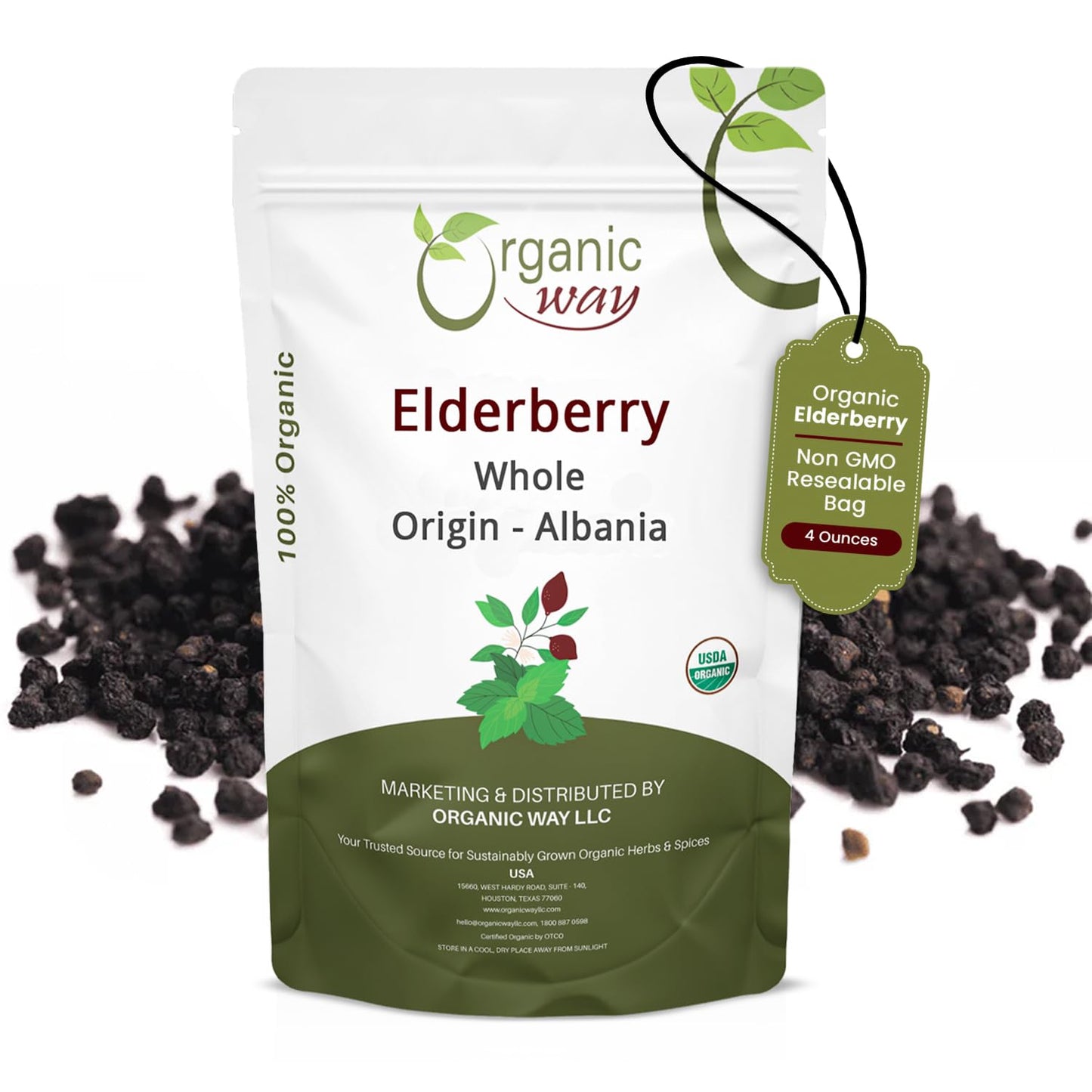 Organic Way Dried Elderberry Whole - Herbal Tea | European Wild-Harvest | Kosher &amp; USDA Certified | Non-GMO &amp; Gluten Free | Tested for Purity | 100% Raw from Albania (1/4LBS / 4Oz)
