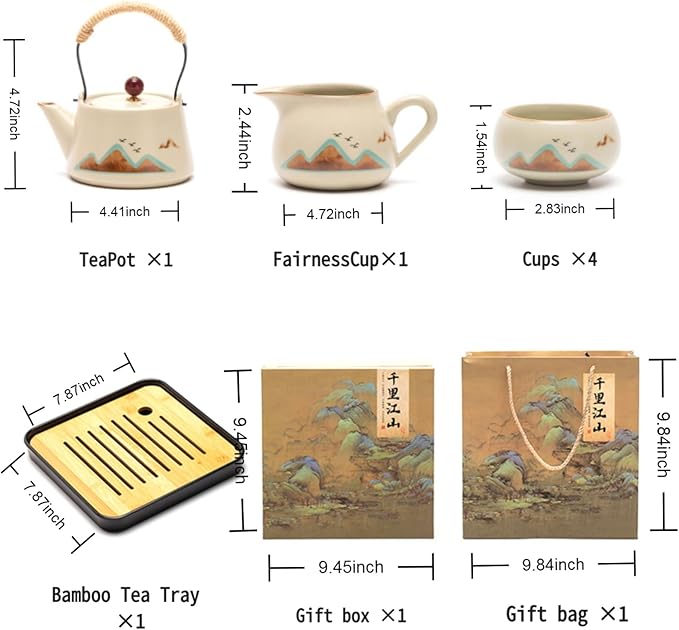 7-Piece Ruyao Ceramic Chinese GongfuTea Set, Traditional Crackle Glaze Teapot with Cups and Bamboo Tray, Gift Box Included