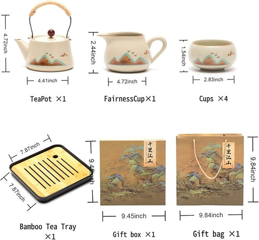 7-Piece Ruyao Ceramic Chinese GongfuTea Set, Traditional Crackle Glaze Teapot with Cups and Bamboo Tray, Gift Box Included