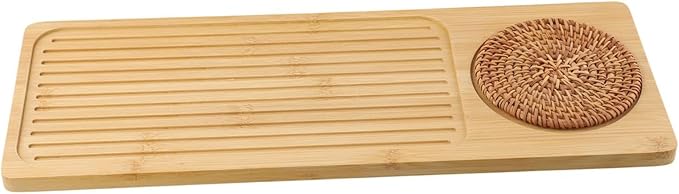 Tea Tray for Gongfu Tea, Wooden Serving Tray with Drainage Grid and Water Storage, Detachable Design, 34 * 12/40 * 15 cm