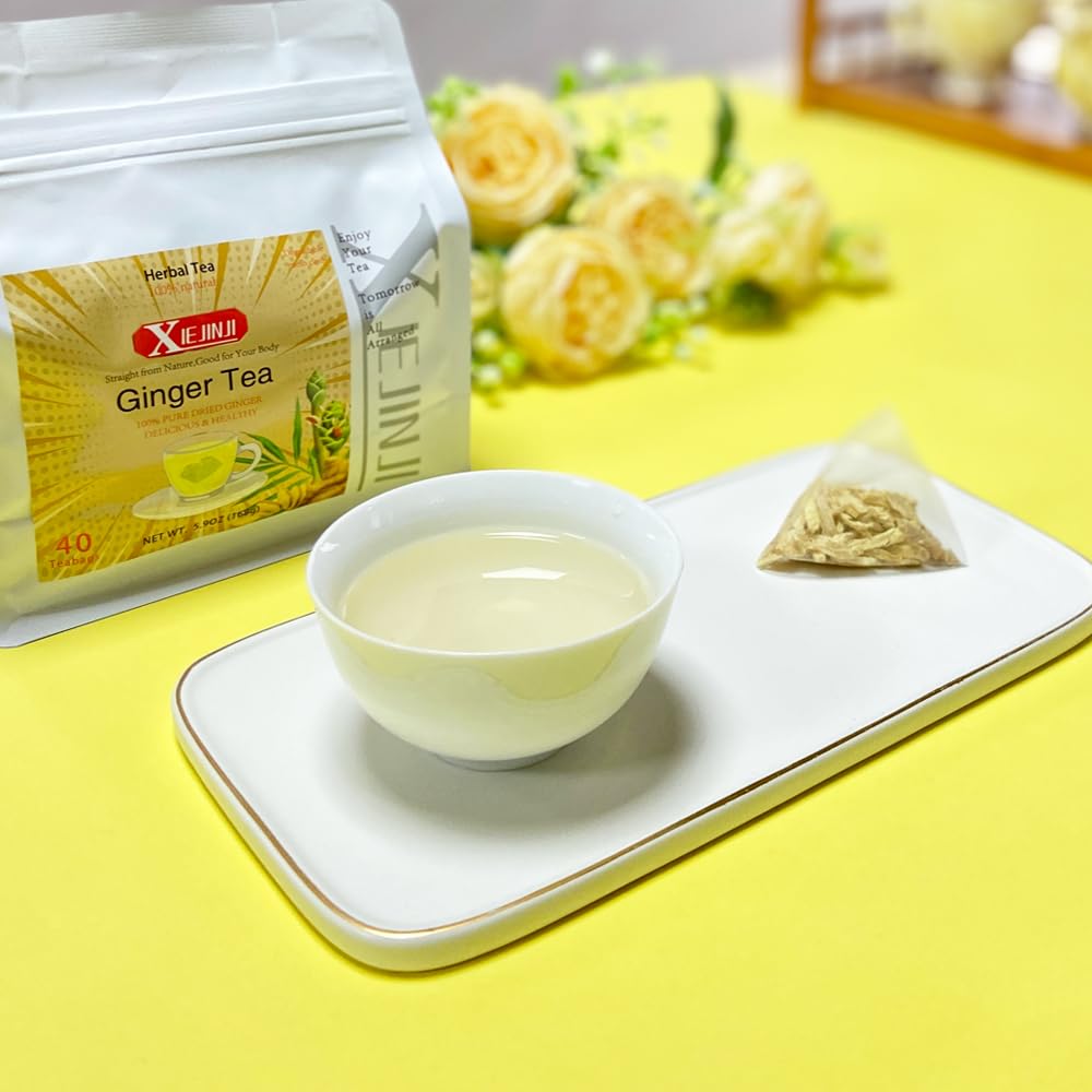 XIEJINJI Ginger Tea Bags, 100% Pure Dry Ginger Root, 4.2g x 40 Teabags, Re-usable for Brew, Spicy Digestive Ease, Eco-Conscious Tea Bags, Resealable Bag