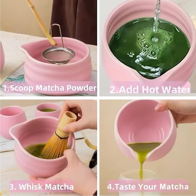 Cute Pink Matcha Whisk Set of 5 for Matcha Tea,Matcha Powder Kit（Bowl with Spout+bamboo Whisk and Holder+Strainer+Scoop）for Macha Starter Making