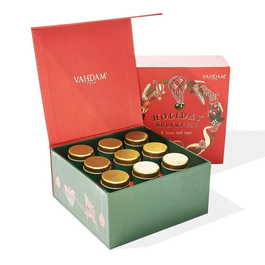 VAHDAM, Holiday Breakfast - Christmas Tea Gift Sets (90+ Cups) 9 Loose Leaf Teas - Luxury Gift Box, Christmas Gifts For Women