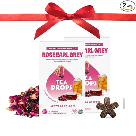 Tea Drops Rose Earl Grey Tea With Organic Rose Petals | Organic Bagless Loose Leaf | Prebiotic, Nutrient Rich Caffeinated | Iced or Hot | 2 Pack - 20 Drops Total